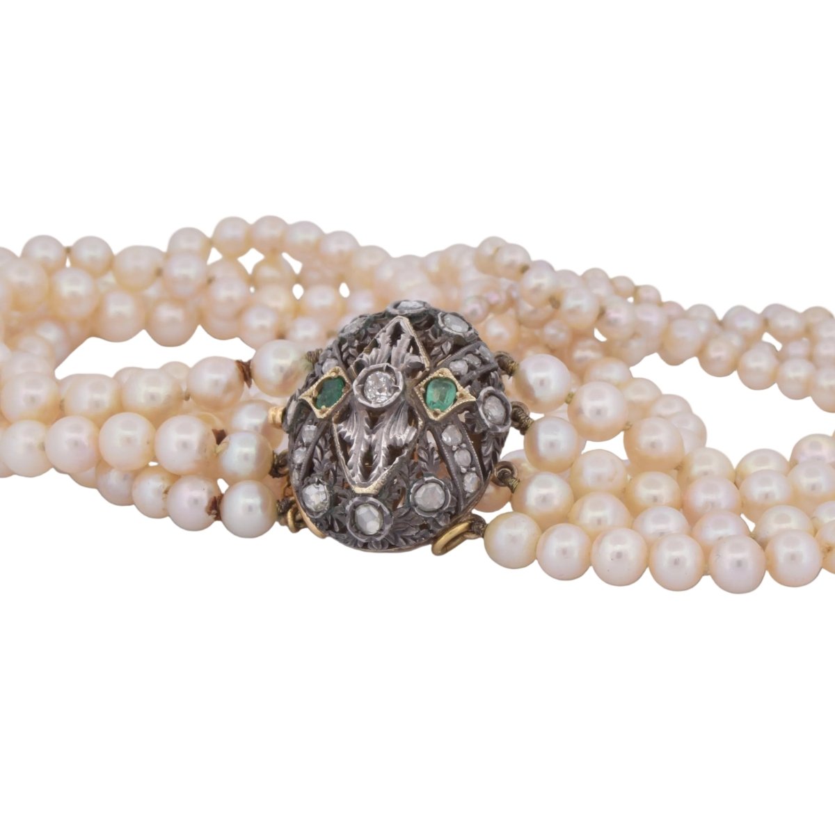 Collier Perles en or jaune, argent et émeraudes - Castafiore