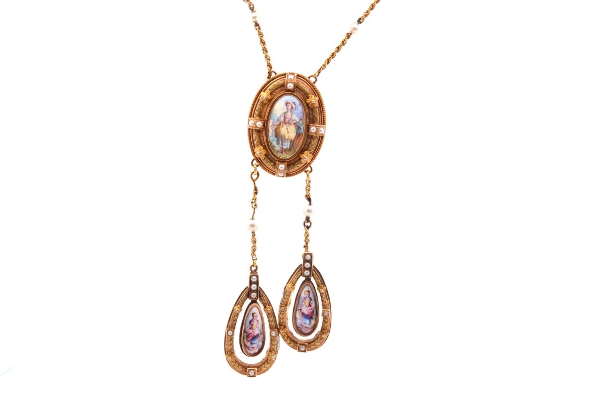 Necklace antique 19th century fine pearls and miniature porcelain