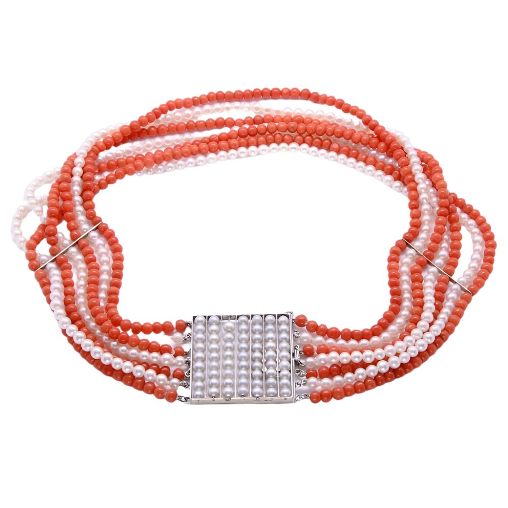 Collier ras de cou, en or blanc, corail et perles - Castafiore