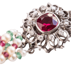 Collier Ras de Cou en or blanc, perles, rubis, saphirs, spinelles et diamants - Castafiore