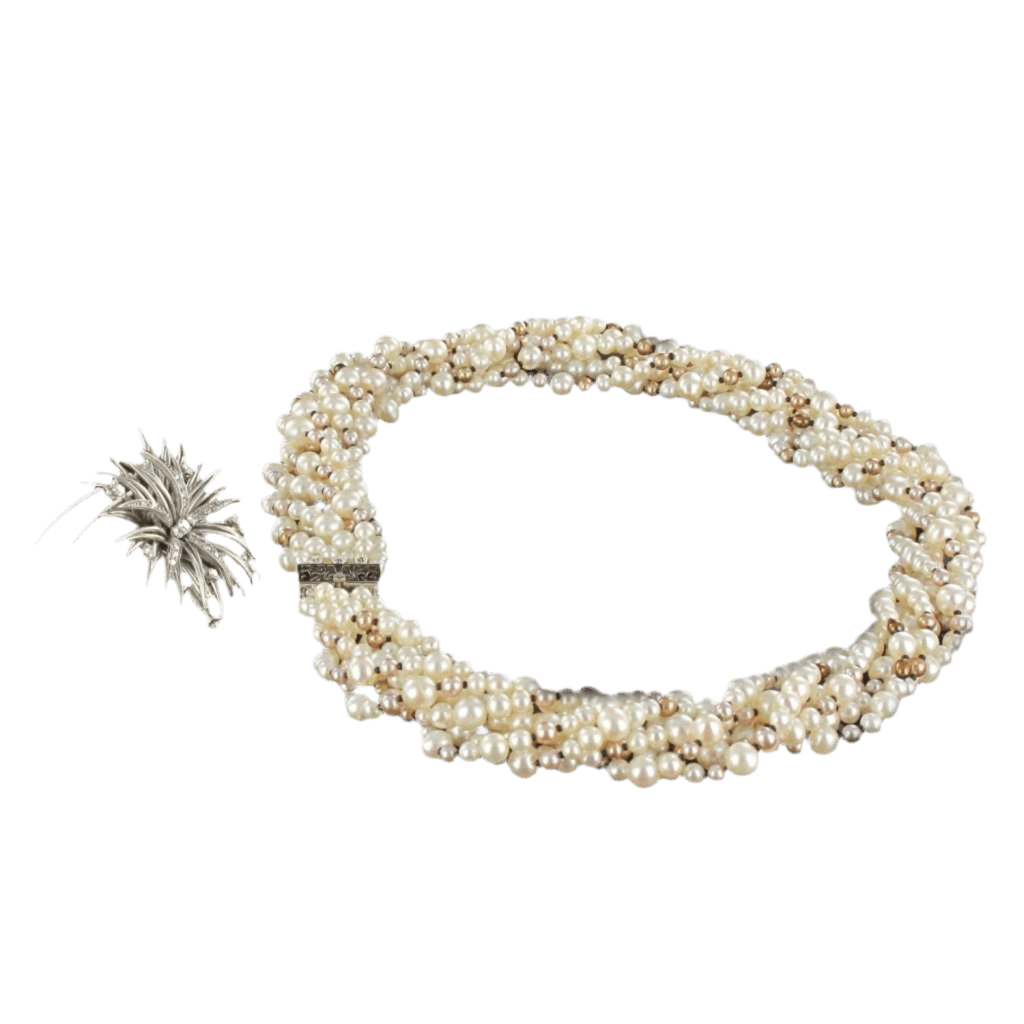 Collier Ras de Cou en or blanc, platine, onyx, perles et diamants - Castafiore