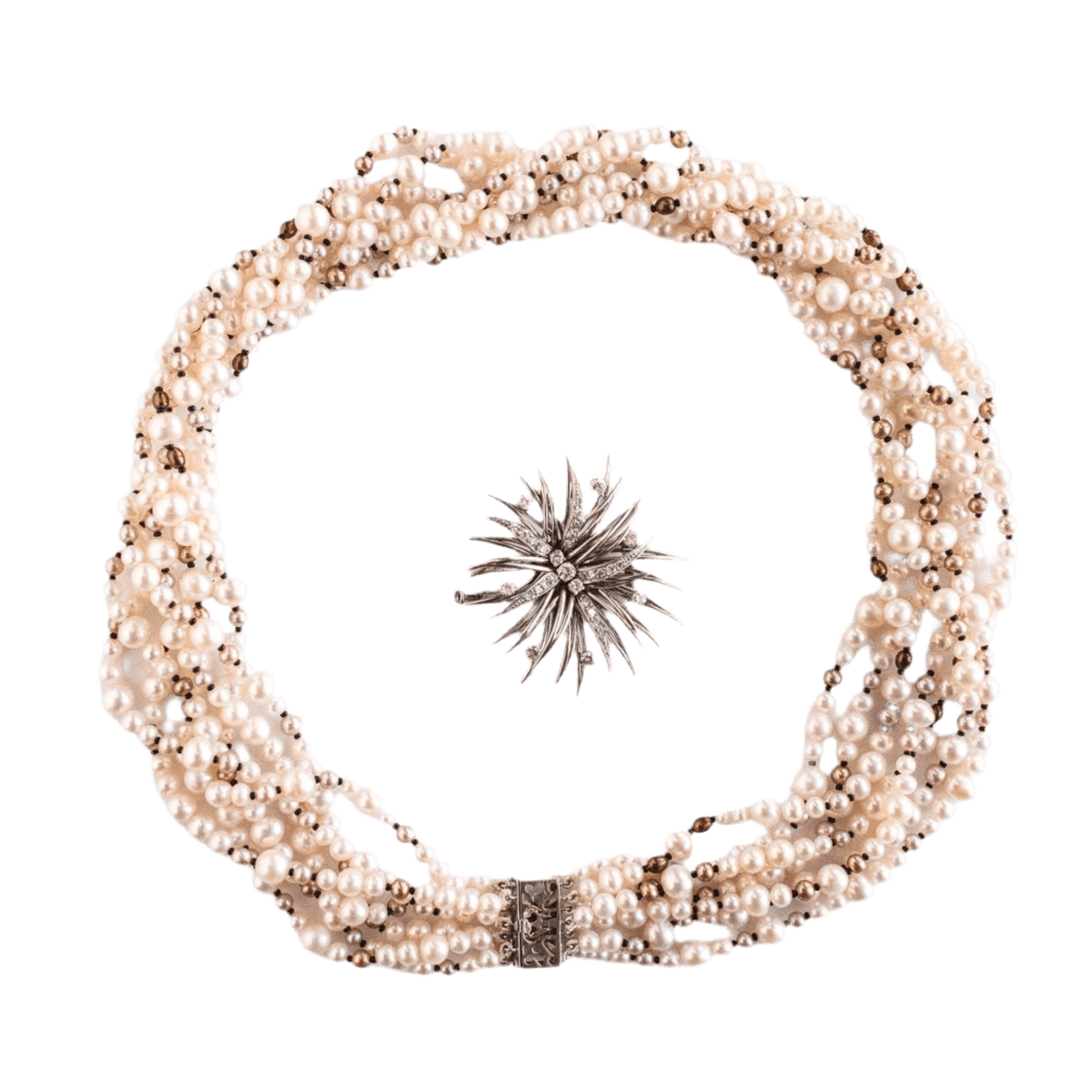 Collier Ras de Cou en or blanc, platine, onyx, perles et diamants - Castafiore