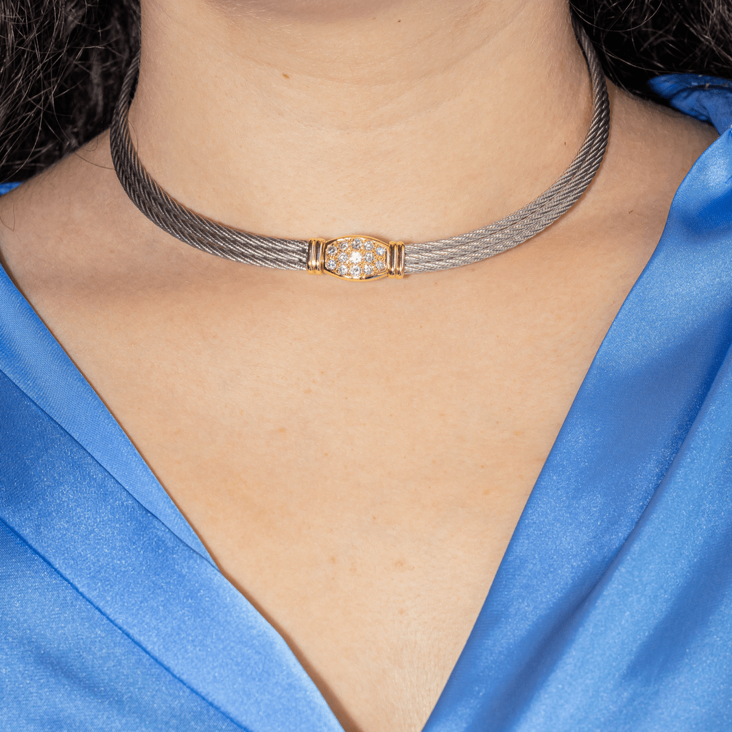 Collier Ras de Cou FRED "Force 10" en or jaune, acier et diamants - Castafiore