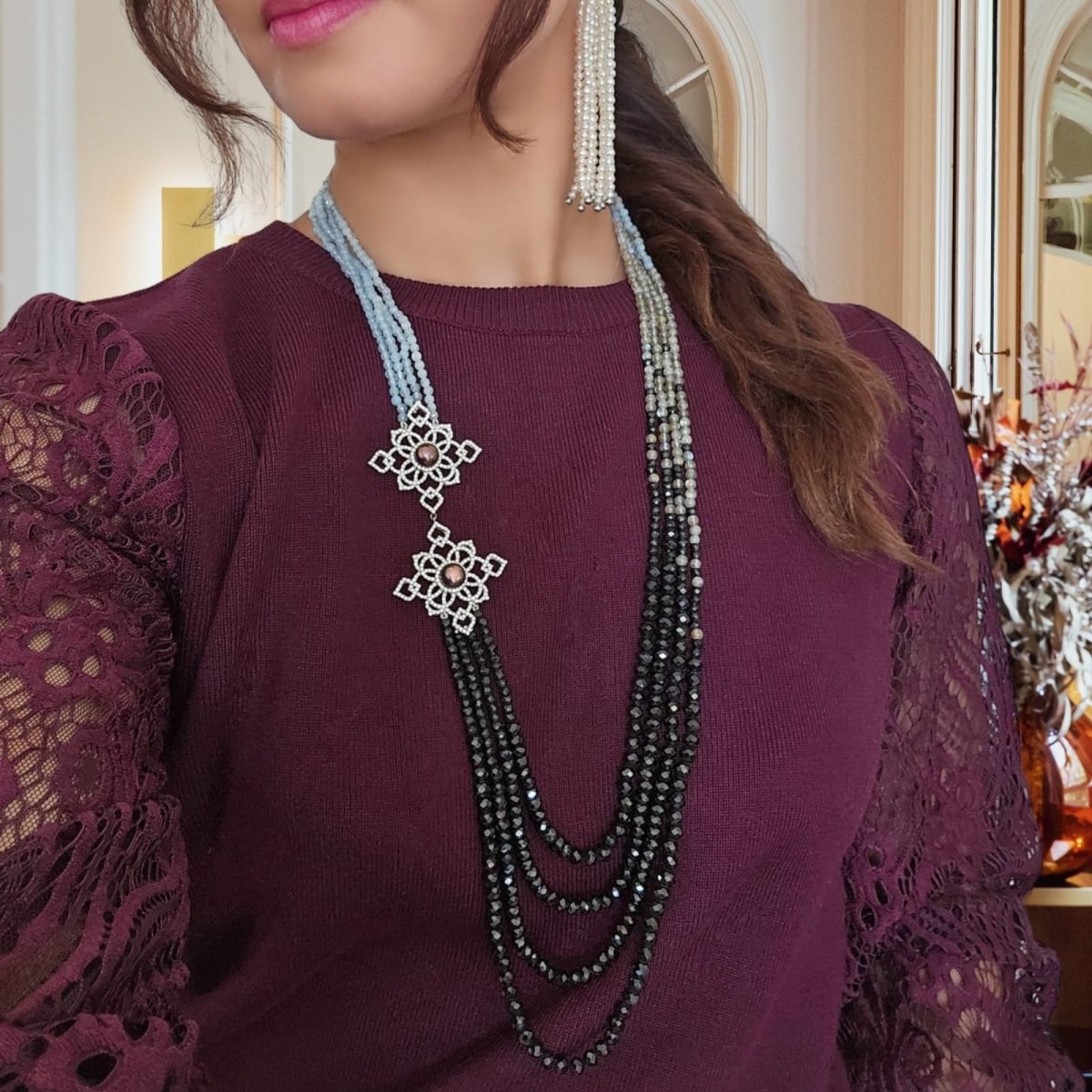 Collier Sautoir "Blue Moon" en argent, perles, zirconium et spinelles - Castafiore