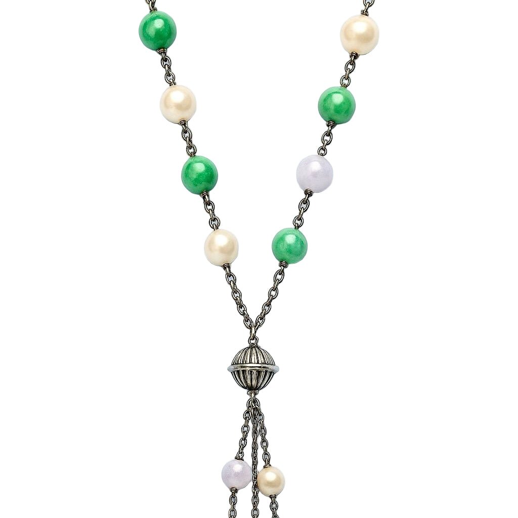Collier Sautoir en or blanc, perles et jades - Castafiore