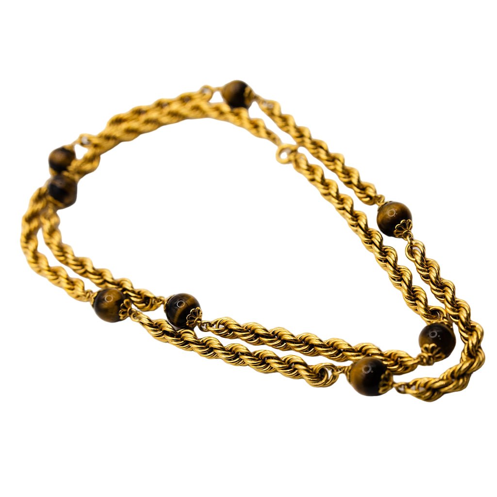 Collier Sautoir maille en or jaune et oeil de tigre - Castafiore