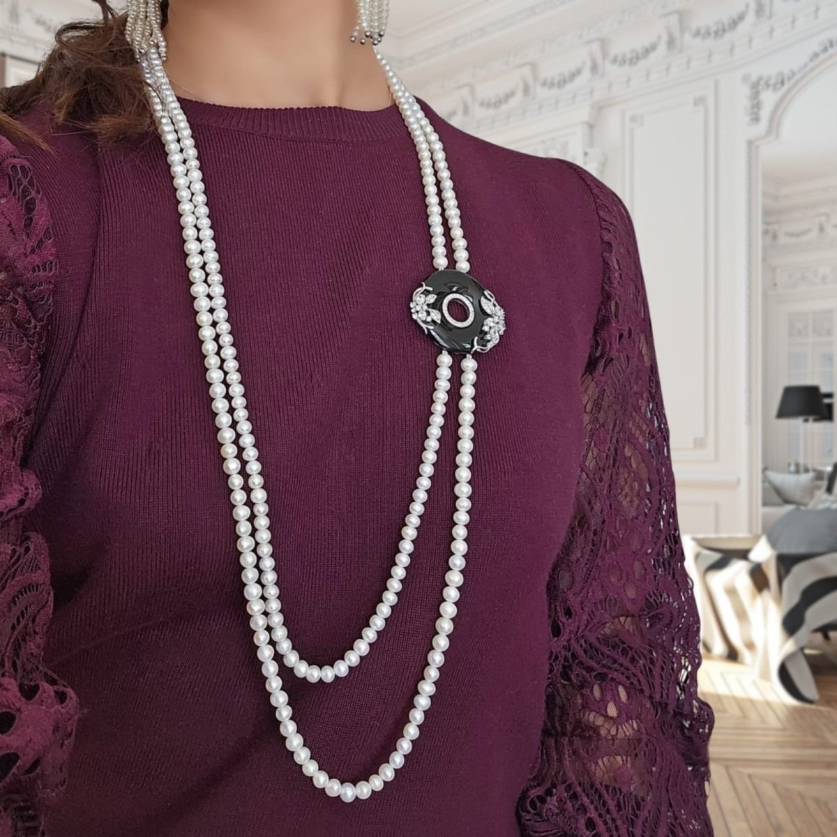 Collier Sautoir "Moon Pearl" en argent, perles, zirconium et onyx - Castafiore