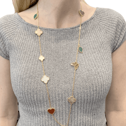 Collier - Sautoir VAN CLEEF & ARPELS "Lucky Alhambra", or jaune, cornaline, malachite, oeil de tigre, nacre - Castafiore