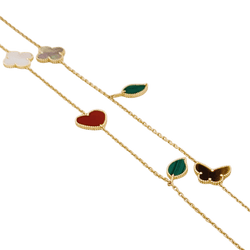 Collier - Sautoir VAN CLEEF & ARPELS "Lucky Alhambra", or jaune, cornaline, malachite, oeil de tigre, nacre - Castafiore