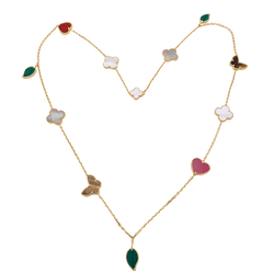 Collier - Sautoir VAN CLEEF & ARPELS "Lucky Alhambra", or jaune, cornaline, malachite, oeil de tigre, nacre - Castafiore