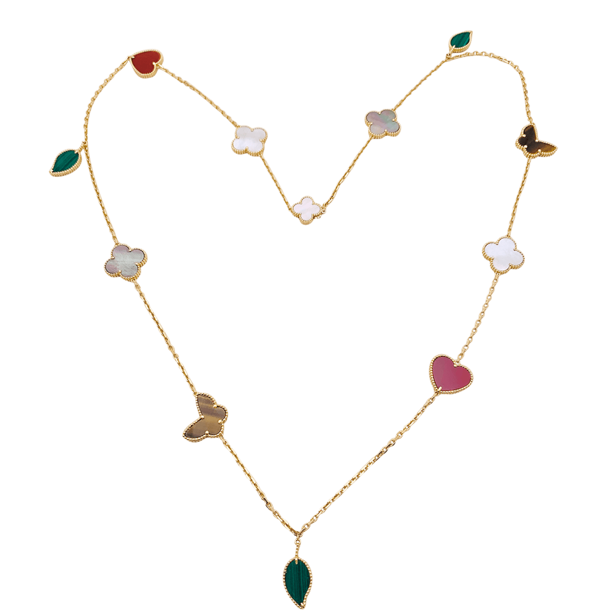 Collier - Sautoir VAN CLEEF & ARPELS "Lucky Alhambra", or jaune, cornaline, malachite, oeil de tigre, nacre - Castafiore