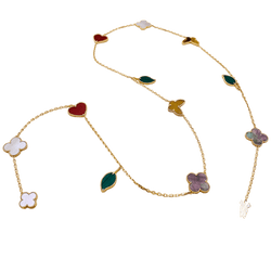 Collier - Sautoir VAN CLEEF & ARPELS "Lucky Alhambra", or jaune, cornaline, malachite, oeil de tigre, nacre - Castafiore