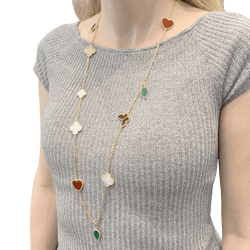 Collier - Sautoir VAN CLEEF & ARPELS "Lucky Alhambra", or jaune, cornaline, malachite, oeil de tigre, nacre - Castafiore