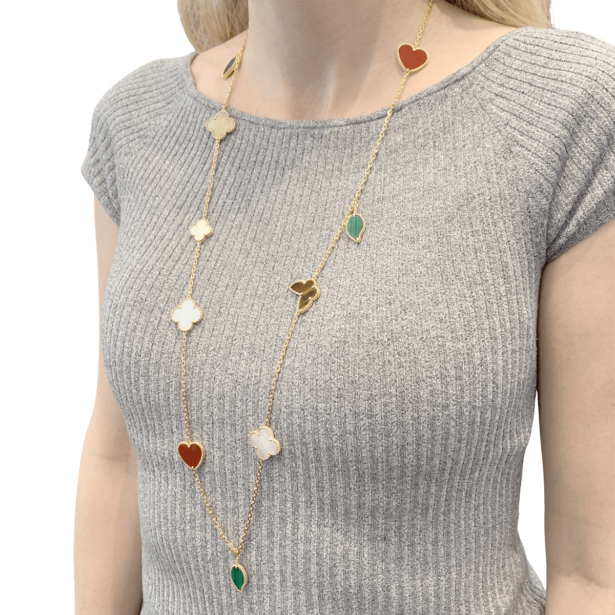 Collier - Sautoir VAN CLEEF & ARPELS "Lucky Alhambra", or jaune, cornaline, malachite, oeil de tigre, nacre - Castafiore