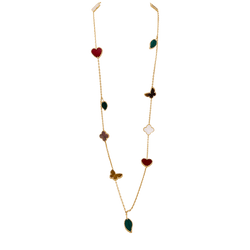 Collier - Sautoir VAN CLEEF & ARPELS "Lucky Alhambra", or jaune, cornaline, malachite, oeil de tigre, nacre - Castafiore