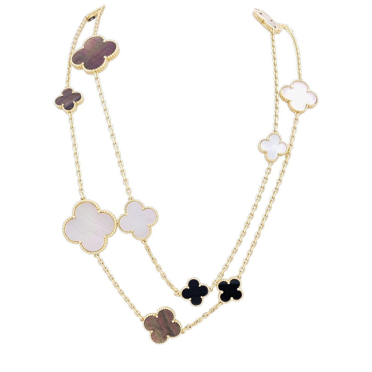 Collier Sautoir VAN CLEEF & ARPELS "Magic Alhambra" en or jaune, nacre et onyx - Castafiore