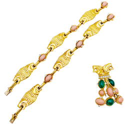Collier transformable en or jaune, corail, chrysoprase et diamants - Castafiore