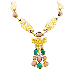 Collier transformable en or jaune, corail, chrysoprase et diamants - Castafiore