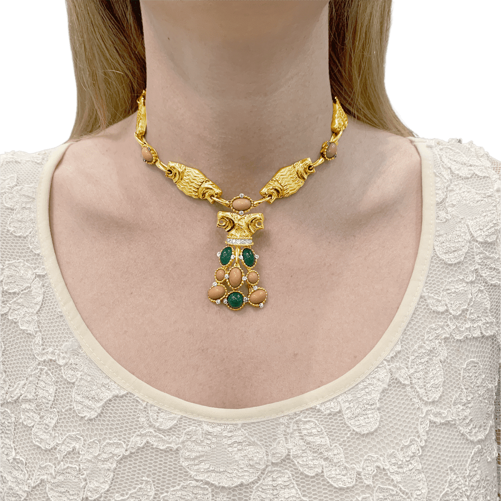 Collier transformable en or jaune, corail, chrysoprase et diamants - Castafiore