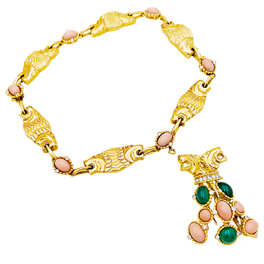 Collier transformable en or jaune, corail, chrysoprase et diamants - Castafiore