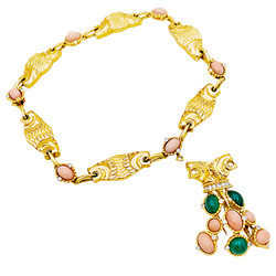 Collier transformable en or jaune, corail, chrysoprase et diamants - Castafiore