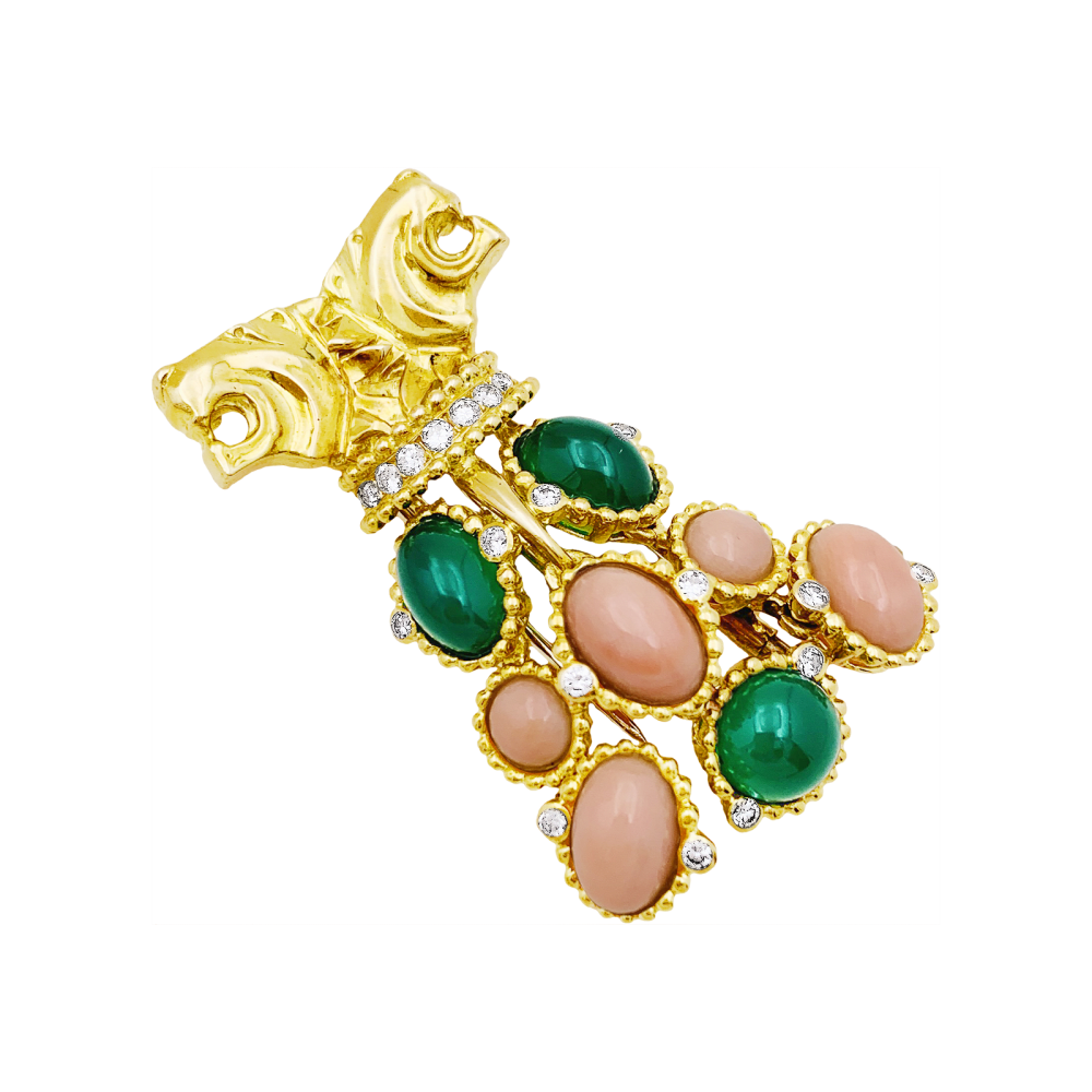 Collier transformable en or jaune, corail, chrysoprase et diamants - Castafiore