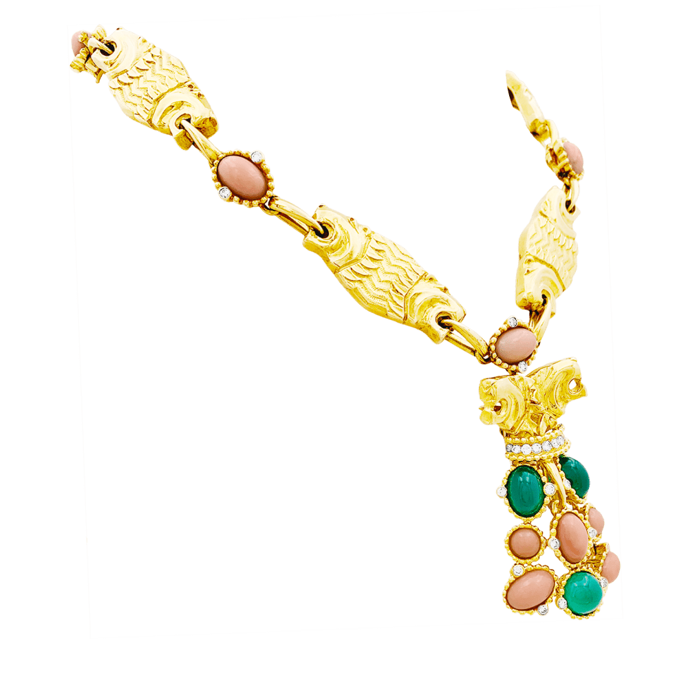 Collier transformable en or jaune, corail, chrysoprase et diamants - Castafiore