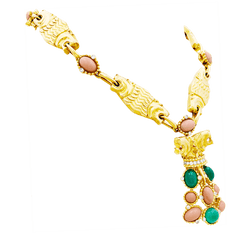 Collier transformable en or jaune, corail, chrysoprase et diamants - Castafiore