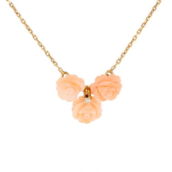 Necklace trio of angel-skin coral roses and diamond yellow gold