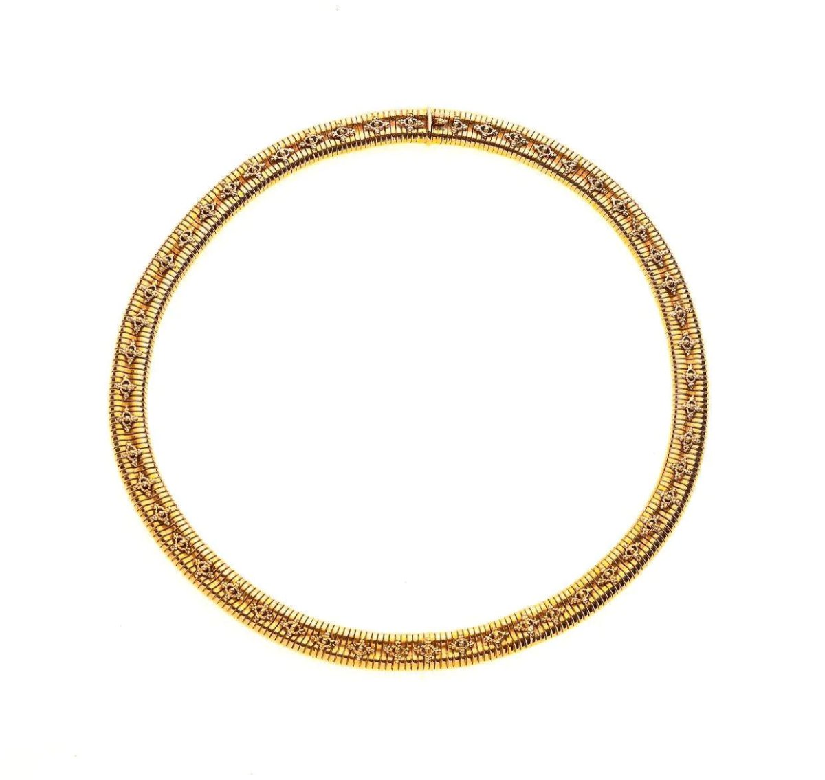 Collier Tubogas des années 1950 en or jaune orné de motifs sur toute la maille - Castafiore