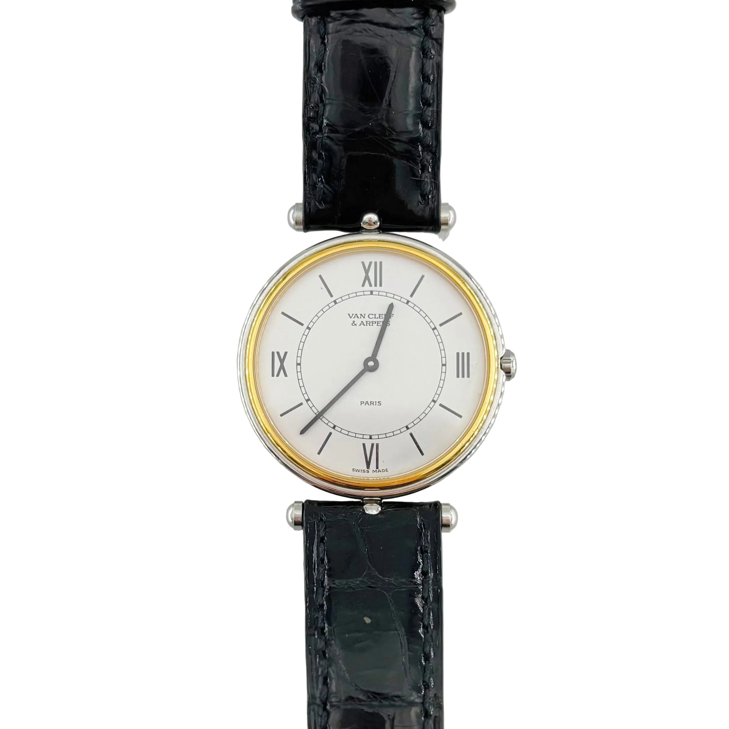 VAN CLEEF & ARPELS "La Collection" Watch in yellow gold, stainless steel, and leather