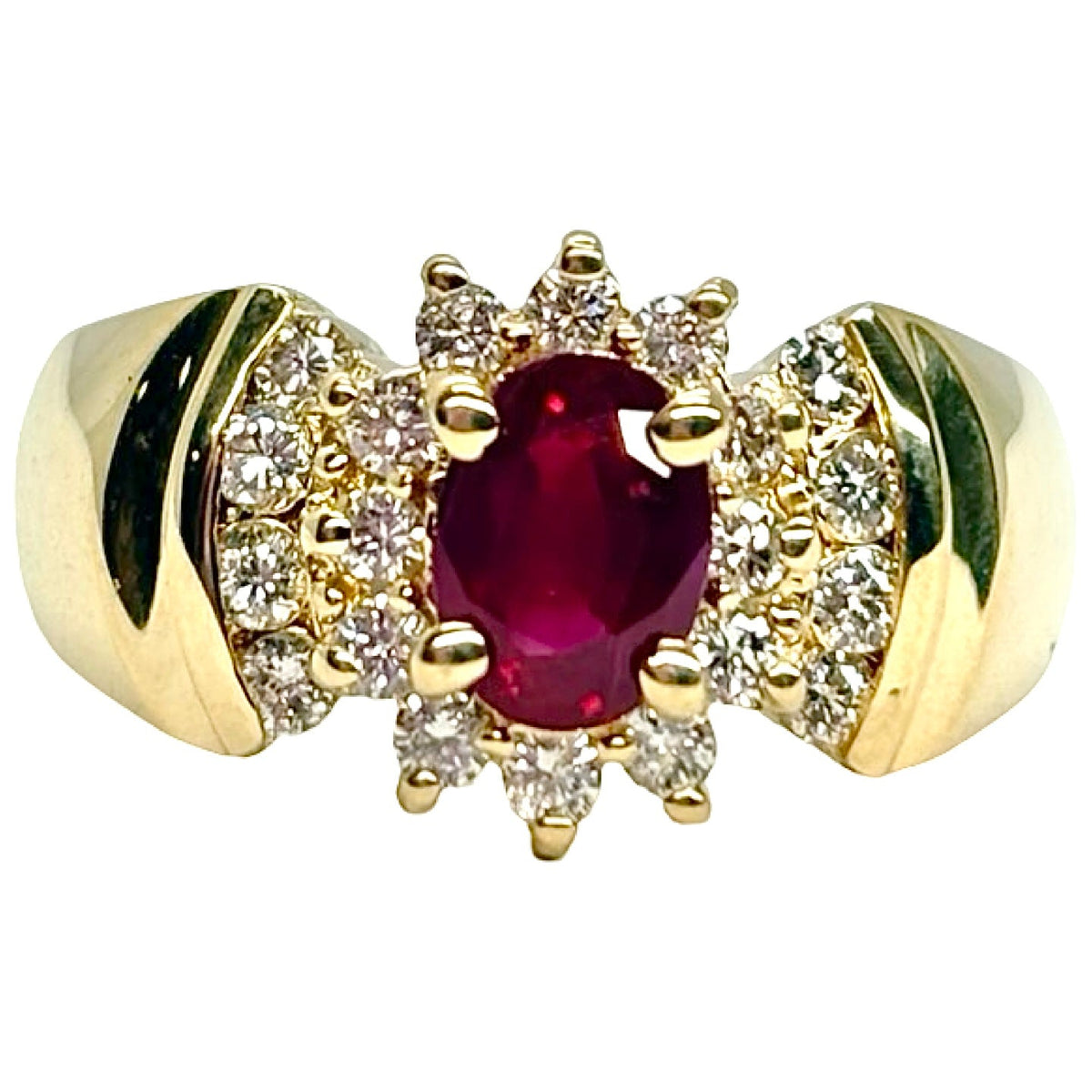 Tank Ring in yellow gold, rubies, and diamonds