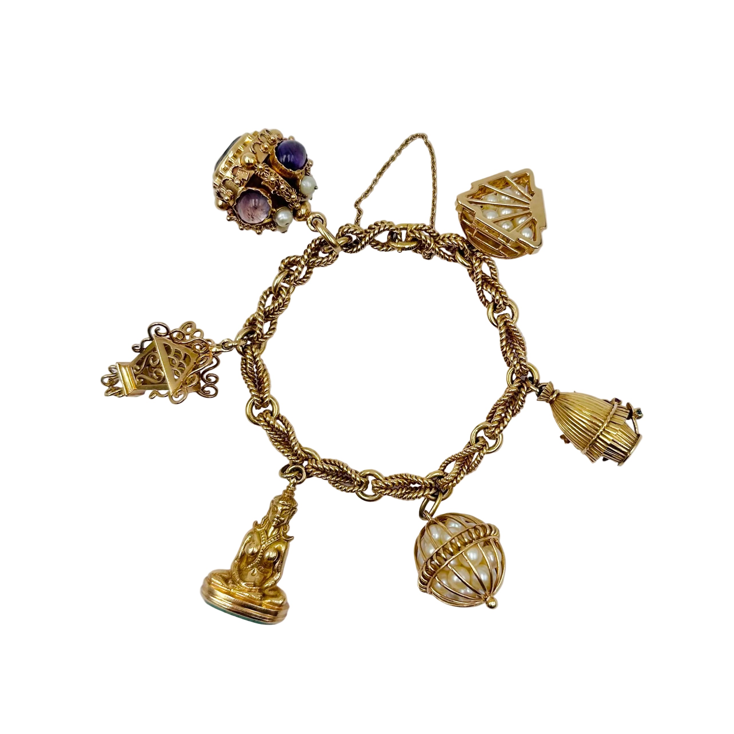 Link Bracelet Yellow gold charms, pearls, amethysts, amazonite, garnet, turquoise, ruby and sapphire