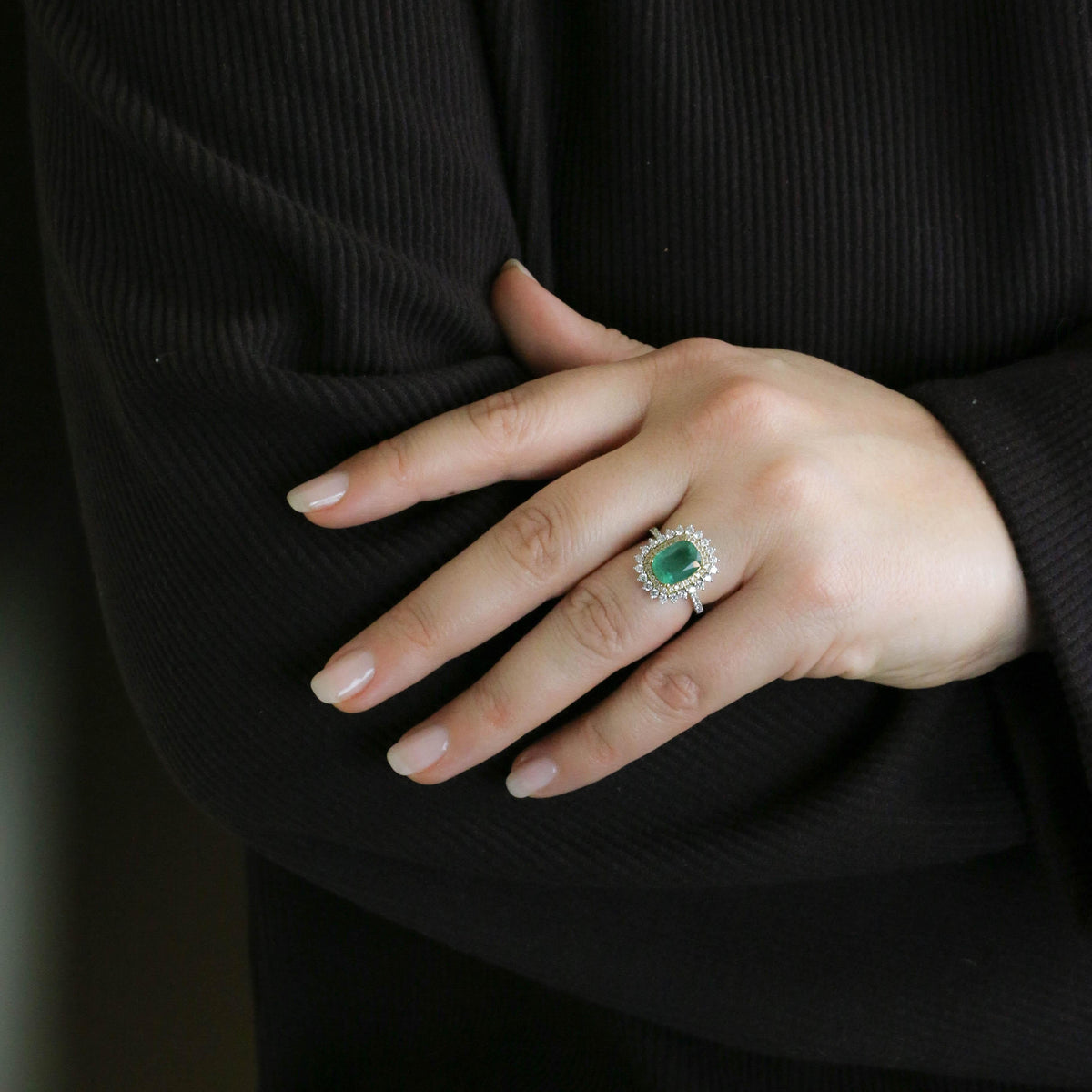 Entourage Ring in white gold, yellow gold, Emerald, and Diamonds