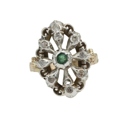 Ring in yellow gold, silver, emerald, and diamonds