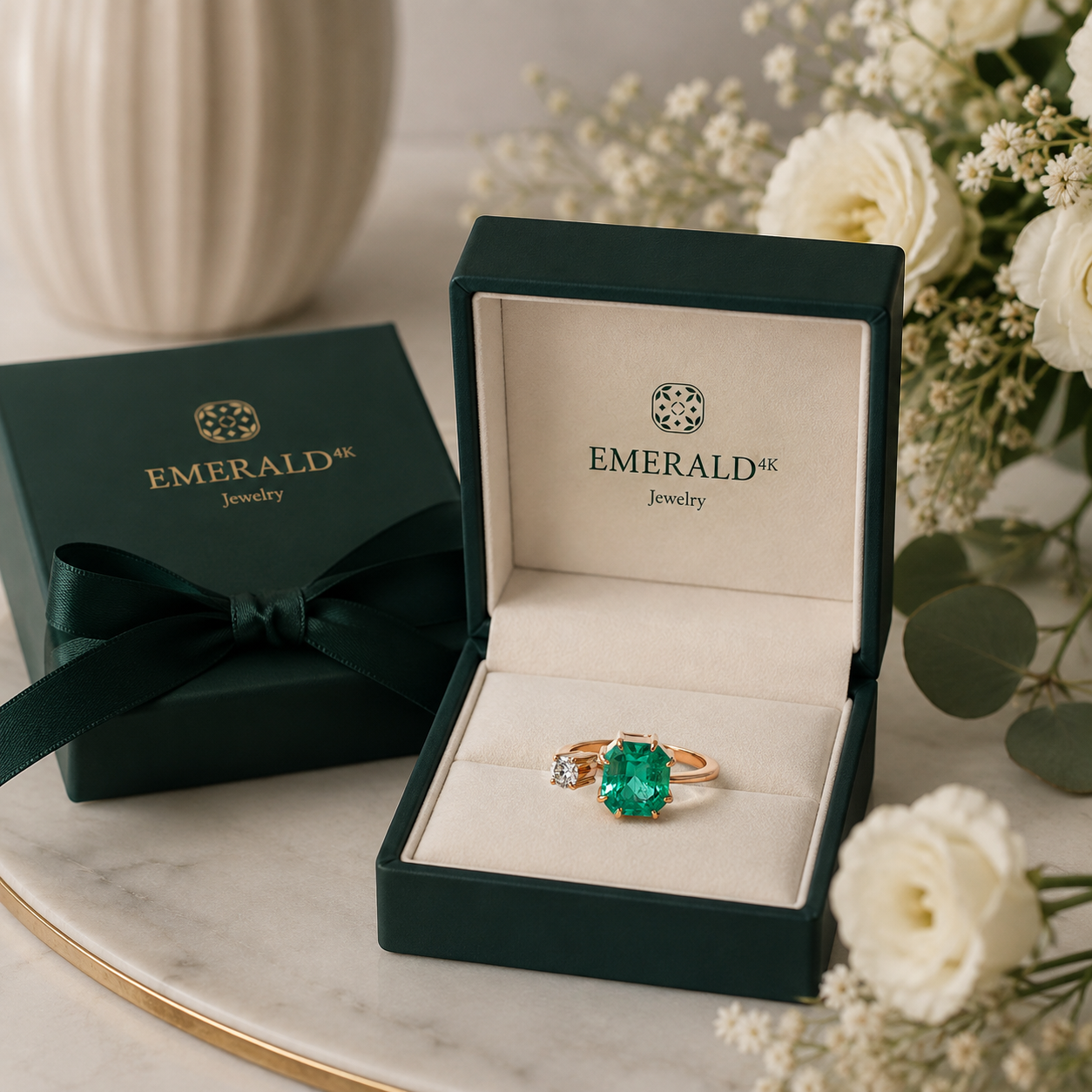 Yellow Gold Solitaire Ring with an Emerald and Diamond