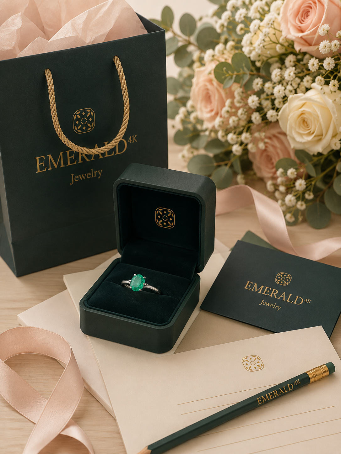 White Gold Solitaire Ring with Emerald