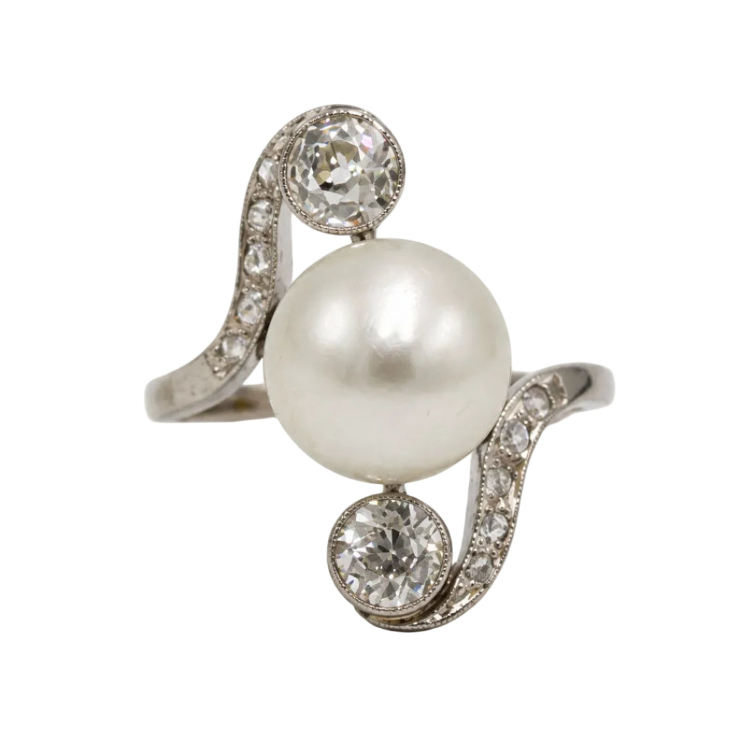 Trilogy Ring in Platinum, Pearl, and Diamonds