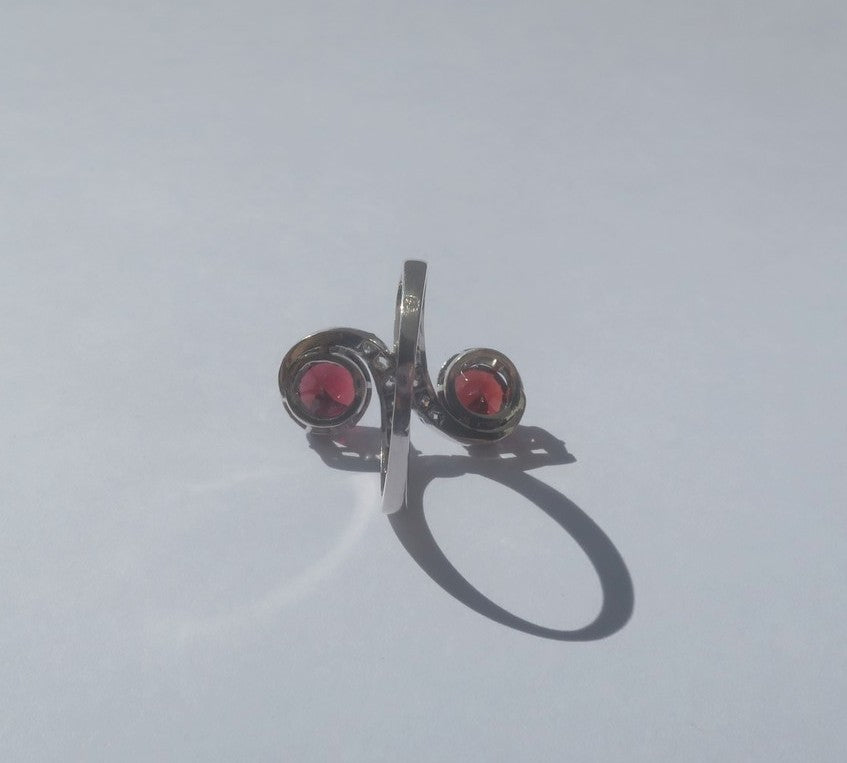 "Toi et Moi" Ring with 19th-Century Swirls, Garnets, Diamonds, and Platinum