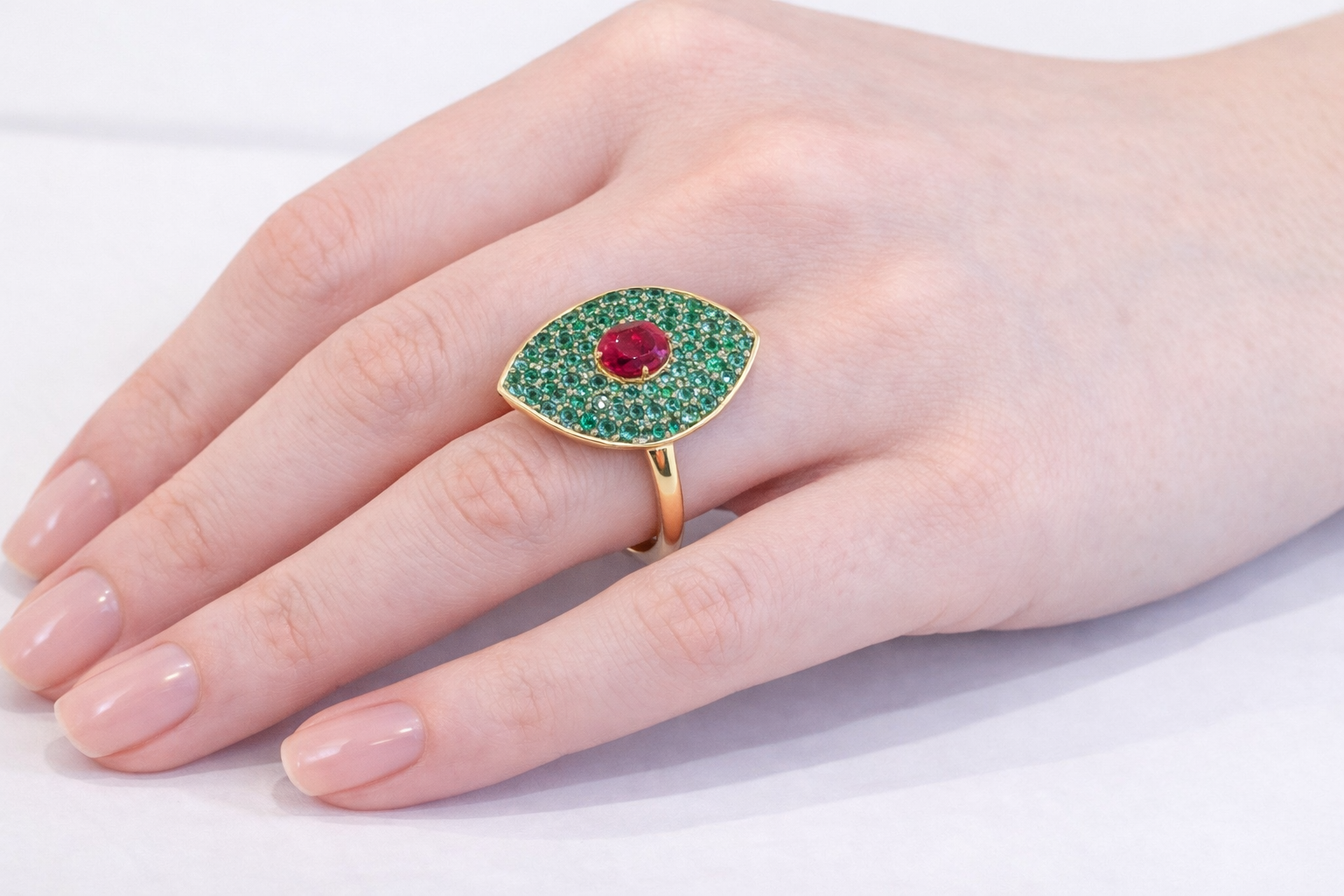 Ring Marquise GUY BARUCH in yellow gold, rubies and emeralds