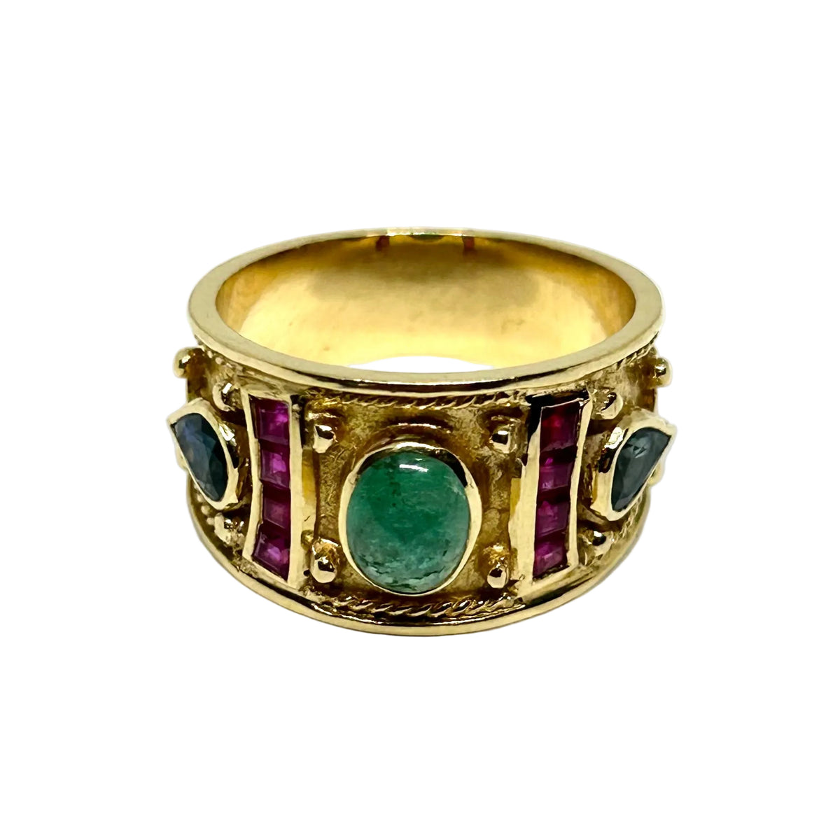 Tank Ring in yellow gold, Emerald, Ruby, and Sapphires