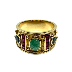 Tank Ring in yellow gold, Emerald, Ruby, and Sapphires