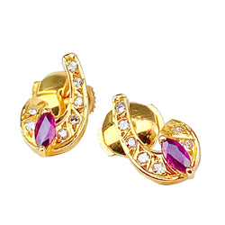 Pair of 18-carat yellow gold earrings with diamonds and red gemstones