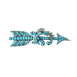 Antique Arrow Brooch with Turquoises and Pearls on Rose gold and Silver