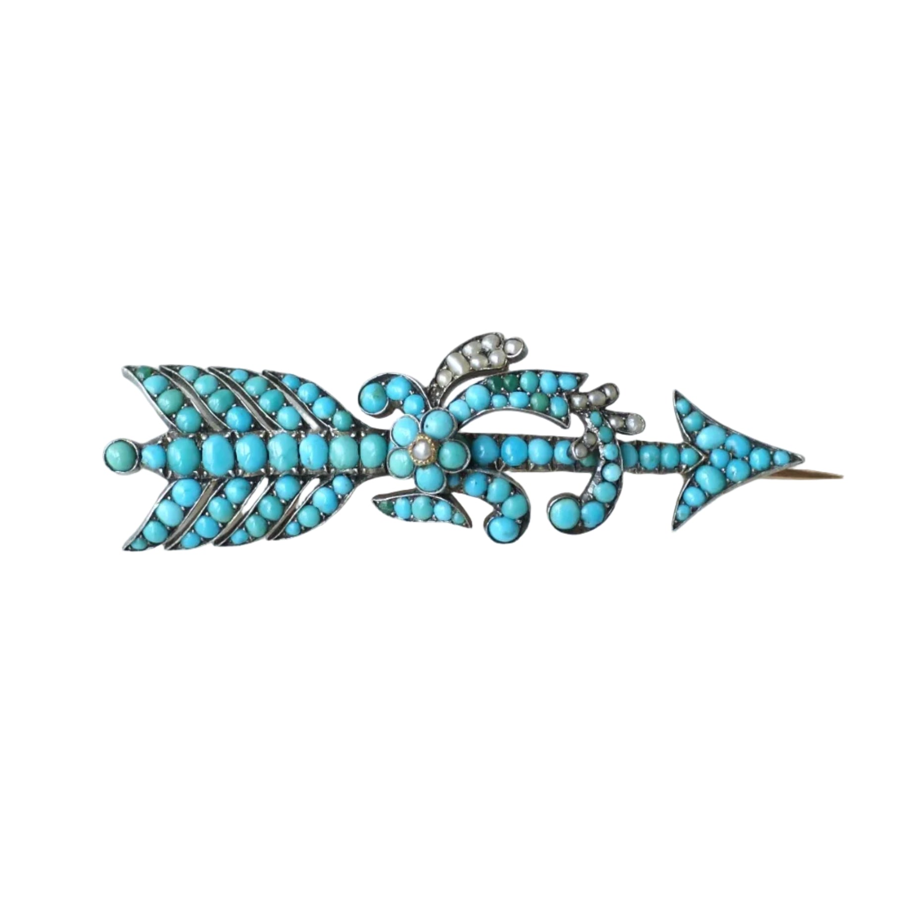 Antique Arrow Brooch with Turquoises and Pearls on Rose gold and Silver