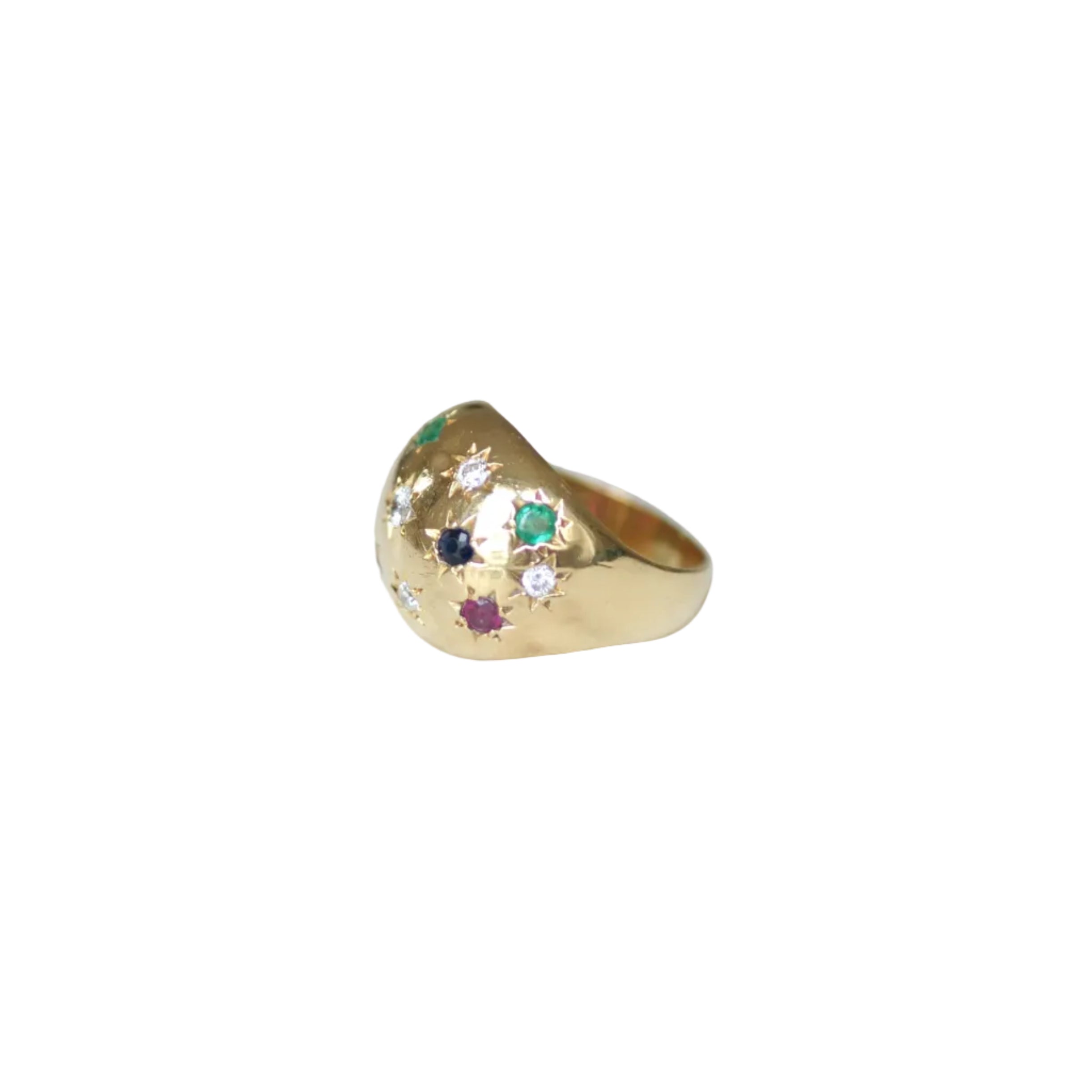 Ring in yellow gold, sapphires, emeralds, rubies, and diamonds