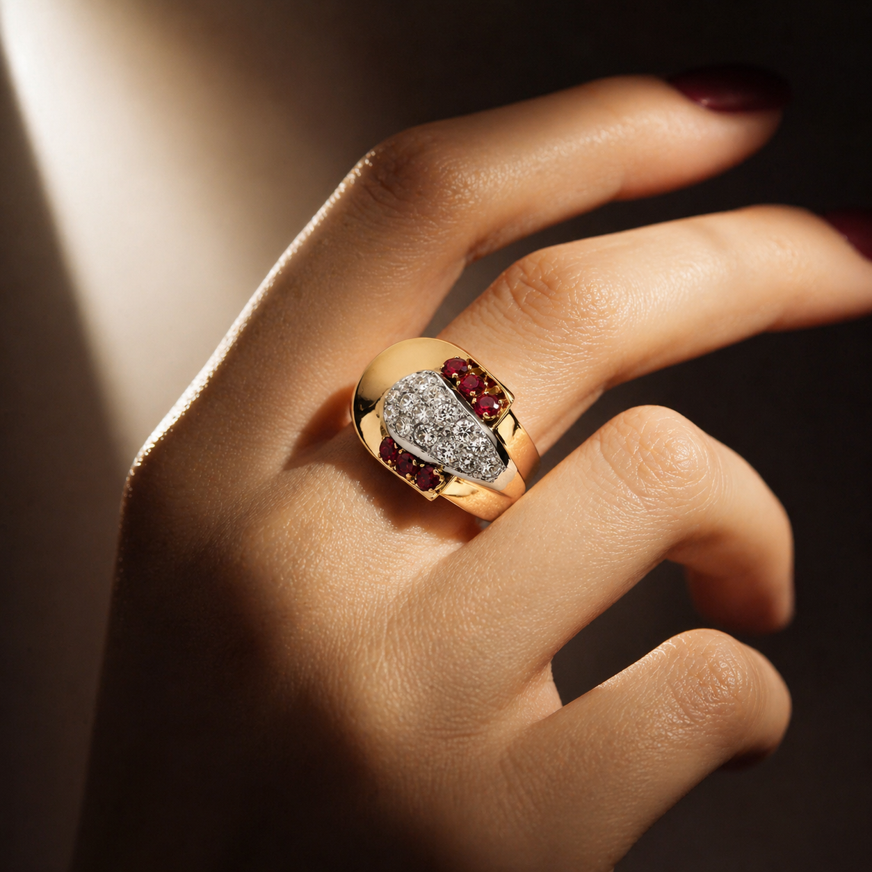 Tank Ring in Rose gold, Diamonds and Ruby