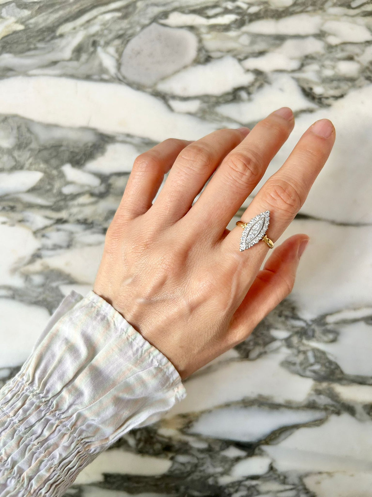 Marquise Ring in White Gold, Yellow Gold, and Diamonds