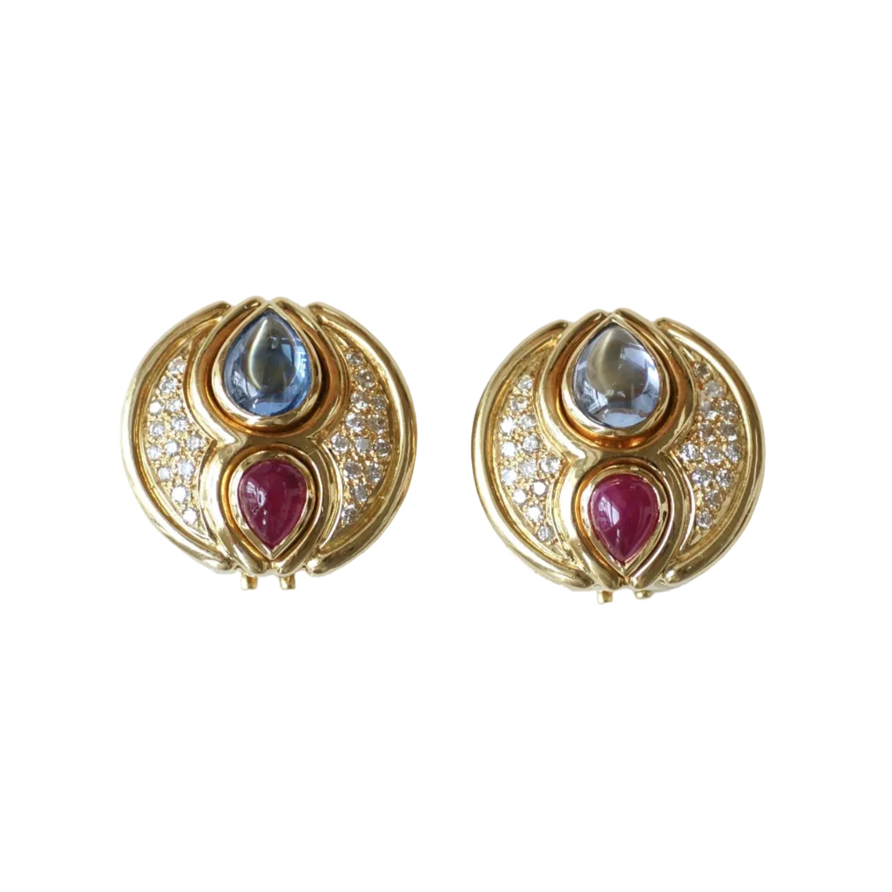 Sapphire, Ruby, and Diamond Clip-On Earrings in Yellow Gold, 1990