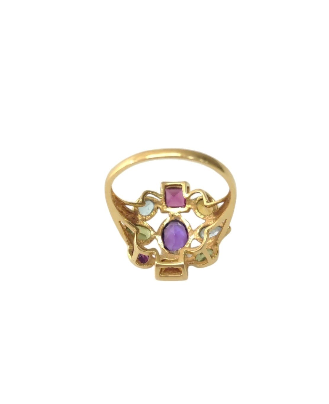 Bague Cocktail en or jaune, améthyste, péridots, aigues-marines, citrines et rhodolites